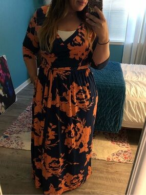 NEMIDOR Navy and Orange Floral Faux Wrap Maxi Dress - 14